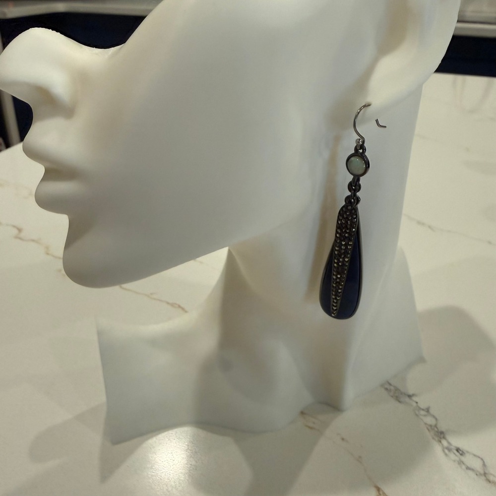 Gothic Glam Navy Blue Gunmetal Rhinestone Teardrop Dangle Earrings